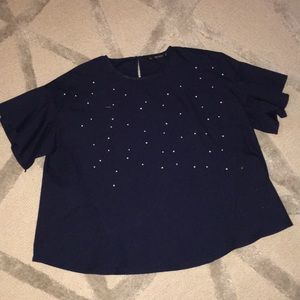 Zara Pearl Embellished Poplin Navy Shirt-Large NWT
